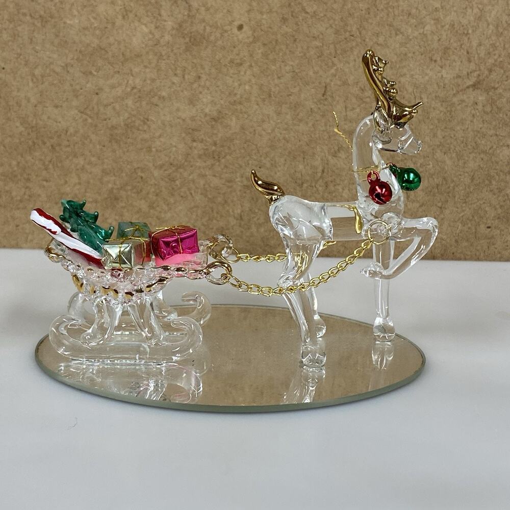 Hand Sculpted Glass Sleigh & Reindeer 22kt Gold Trim Mirror Base Christmas
